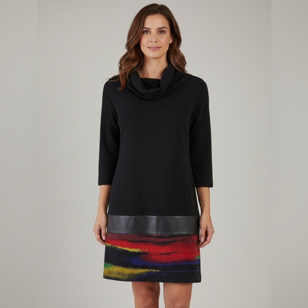 Joseph Ribkoff Cowl Neck, 3/4 Sleeve Dress w Stretch,Faux Leather Panel
